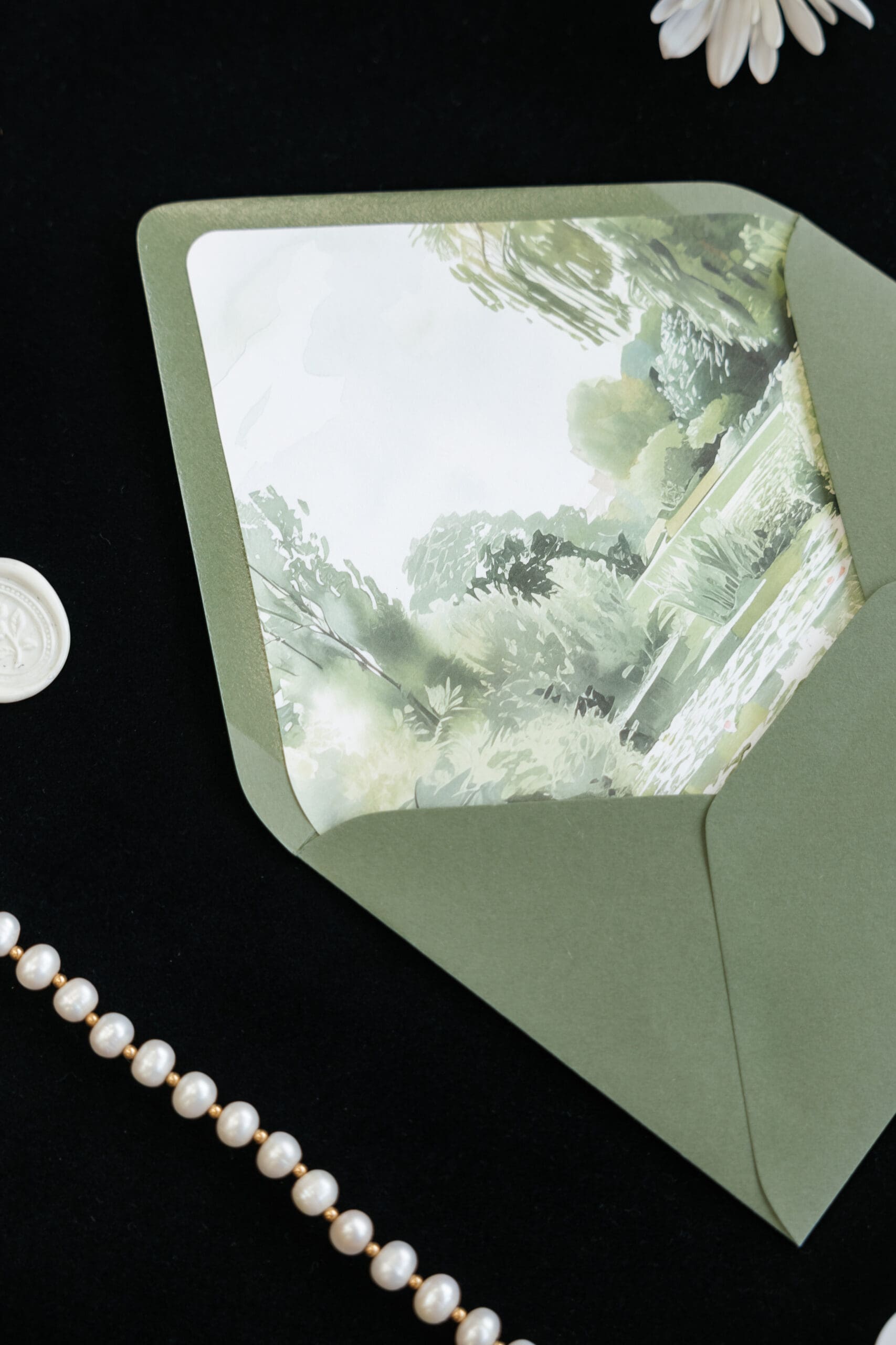 Sage Green Invitation Suite with Garden Watercolor Envelope Liner