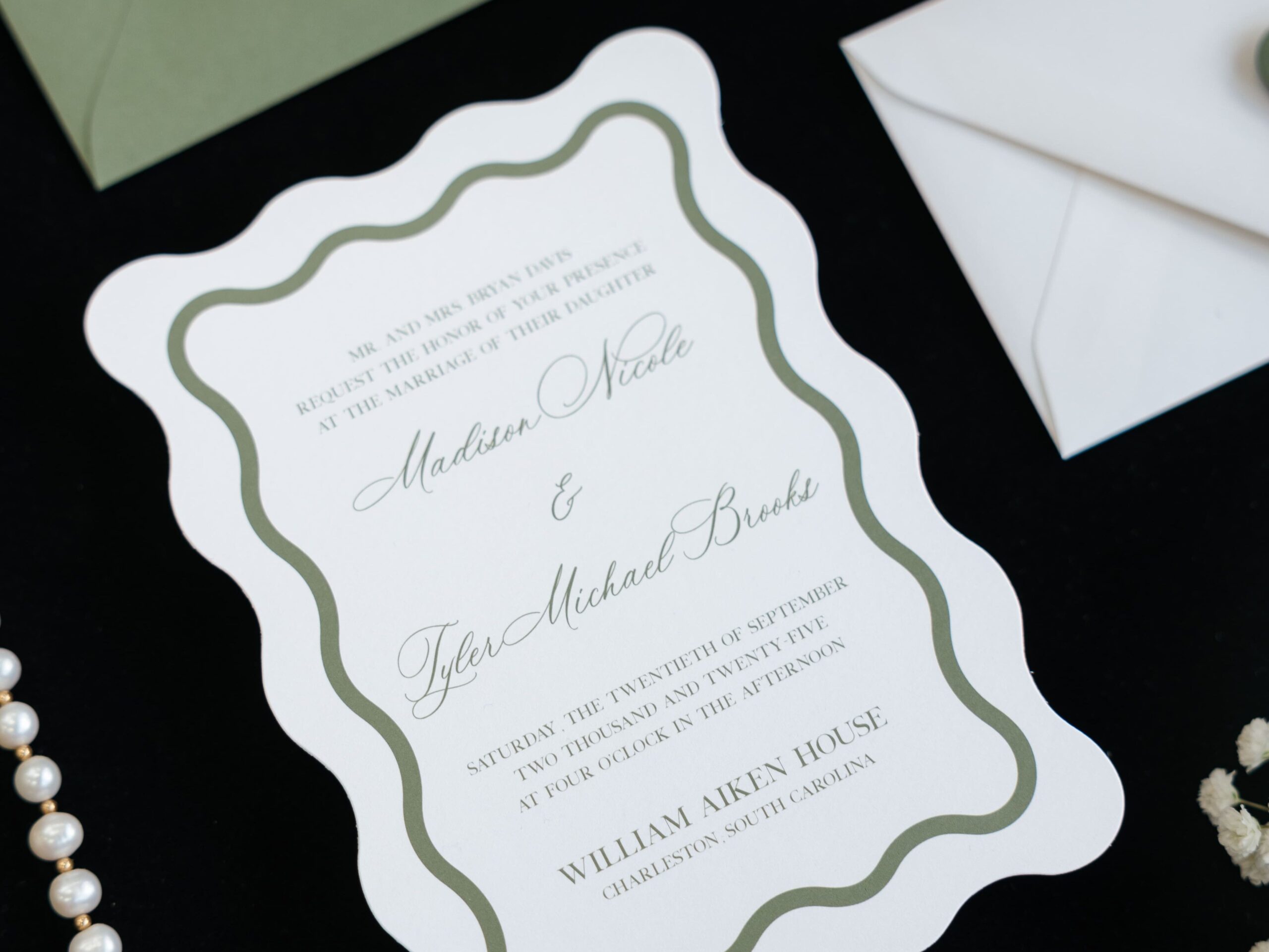 Sage Coastal Charleston Wedding Invitation with Wavy Die Cut.