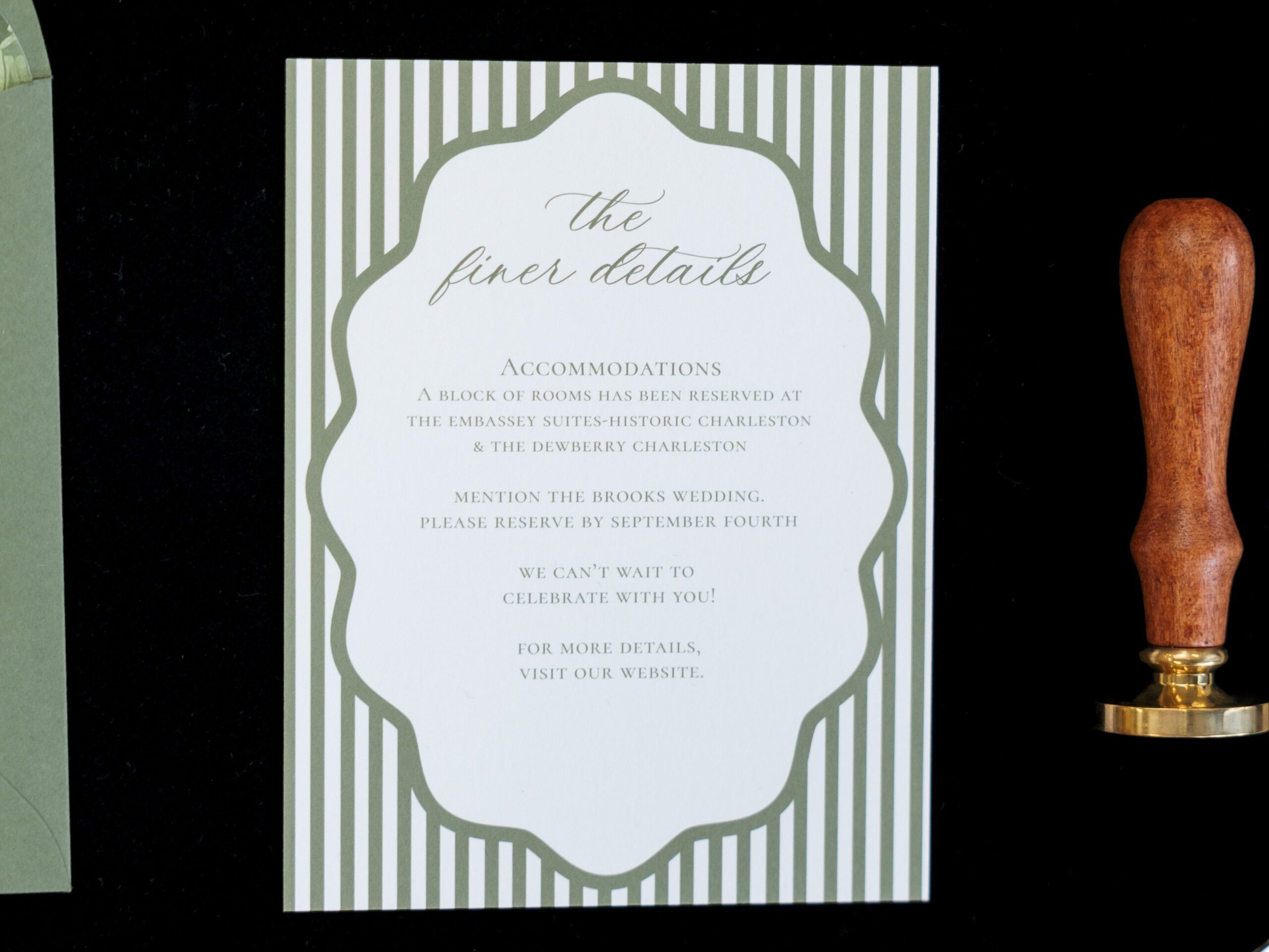 Coastal Greens Charleston Wedding Invitation. Wavy Stripes Designs.
